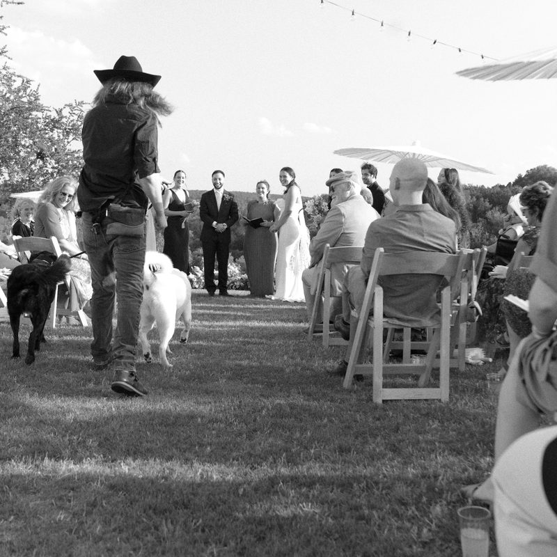 A dog trots down the grass aisle beside a guest in a cowboy hat at an outdoor ceremony